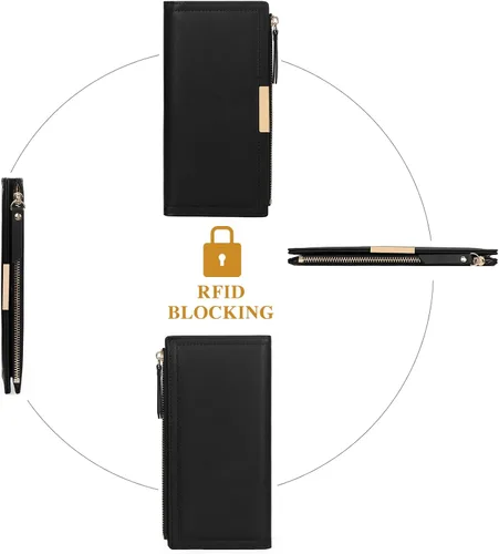 Vista 4 de Cartera BVEOGMRO para mujer de cuero con bloqueo RFID, gran bipliega con múltiples ranuras para tarjetas, con cierre, soporte para tarjetas