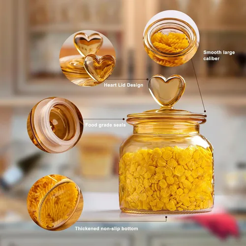 Vista 9 de BigNoseDeer Tarros de vidrio en forma de corazón de 22 onzas con tapa hermética para cocina, recipientes de almacenamiento de alimentos, contenedor