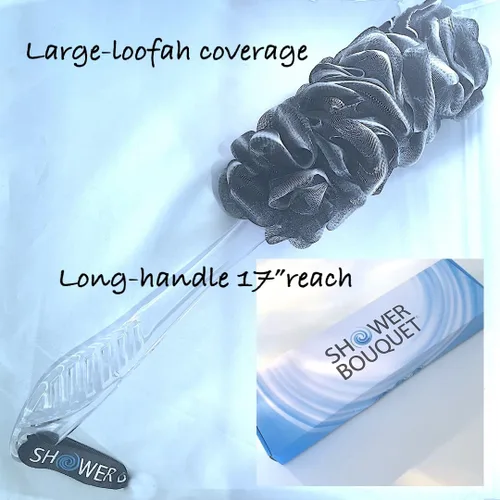 Vista 4 de SHOWER BOUQUET Juego de esponja y depurador de carbón/ 1 cepillo largo para la espalda más 2 puffs extra grandes de 2.6 oz de malla suave