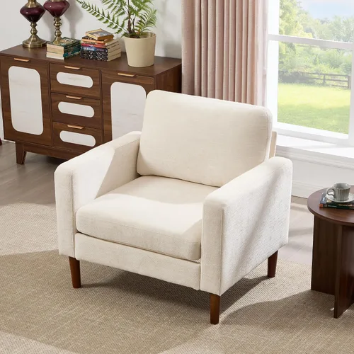 Vista 3 de Kingfun Silla decorativa, sillas de sala de estar, sillón de lectura de chenilla, de mediados de siglo con pie de madera maciza, decoración moderna