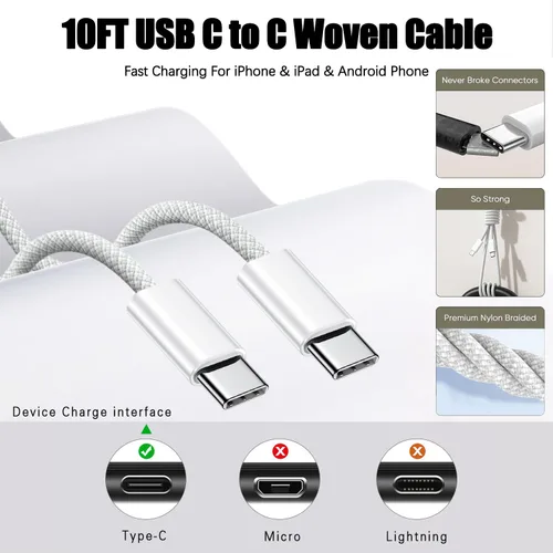 Vista 8 de Cargador para iPhone 17 de carga rápida, bloque de cargador USB C de 4 puertos, paquete de 2 cargadores de Apple de 40 W con cable trenzado USB C a