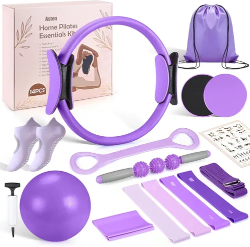 Vista 8 de Asten Home Kit de Pilates para Mujeres: Equipo de Pilates Juego de Anillo y Bola de Pilates con Bandas de Resistencia, Deslizador de Núcleo, Rodillo