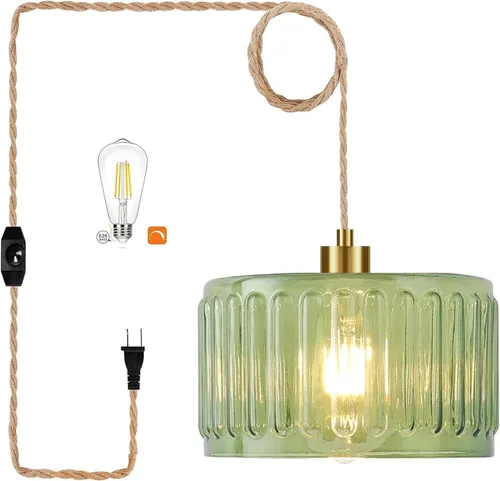 Vista 13 de Lámpara colgante de ratán para enchufar, con cable de enchufe, lámpara colgante de bambú regulable, tejida a mano estilo bohemio, pantalla