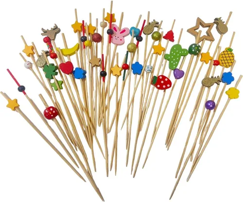 Vista 6 de 100 palillos de bambú de flamenco de 5 pulgadas, palillos de dientes de comida para bebidas de embutidos, selecciones de alimentos de frutas