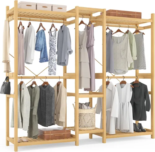 Vista 13 de Homykic Perchero de bambú para colgar ropa, perchero resistente con estantes ajustables de 7 niveles, varillas dobles, 4 ganchos, sistema de armario