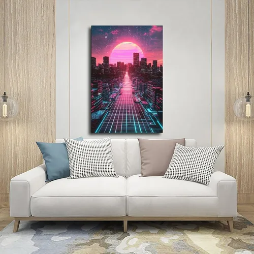 Vista 5 de Synthwave Vaporwave Wall Decor – Neon Pink Blue Retro Futuristic Poster Print Canvas Posters Wall Art Bedroom Office Room Decor Gift