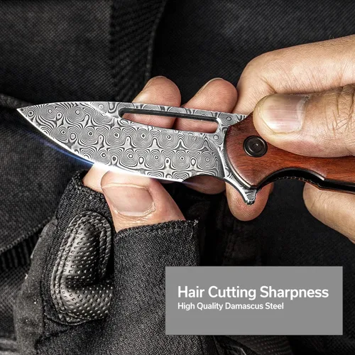 Vista 2 de CIVIVI Odium - Cuchillo plegable pequeño de Damasco, cuchillo de bolsillo flipper de 2.65 pulgadas para EDC y camping, mango de madera Cuibourtia