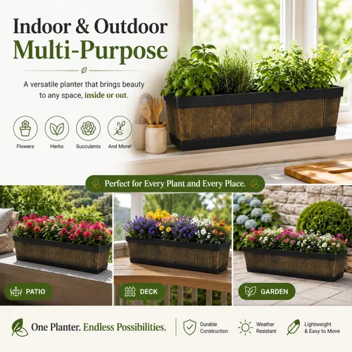 Vista 6 de Gardenised QI004121.L - Maceta rectangular de plástico para exteriores e interiores, maceta para plantar verduras o flores, marrón grande