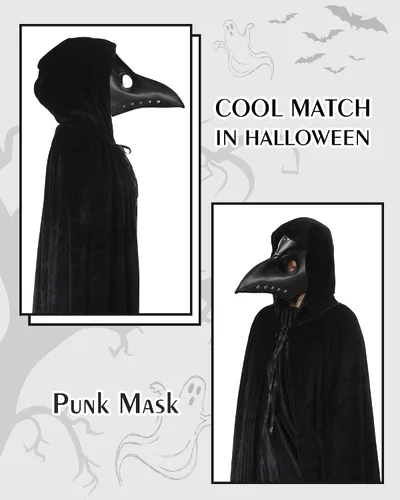 Vista 4 de Máscara de pájaro y capa Steampunk, máscara de pico de Halloween, kit de disfraz de capa larga de terciopelo, máscara de cuero de nariz larga, capa