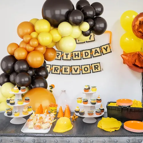 Vista 4 de Kit de guirnalda de globos, kit de arco de globos retro naranja, negro y amarillo, arco de globos de construcción, globos de látex para fiesta