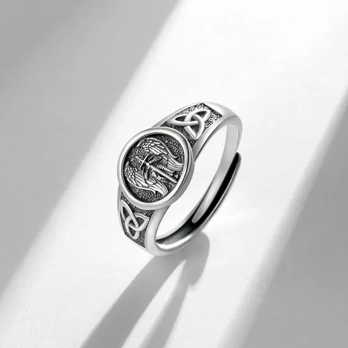 Vista 2 de Freesloth Anillo de San Miguel para hombre, plata de ley 925, anillos vikingos negros, arcángel, Miguel católico, ajustable, San Miguel, amuleto