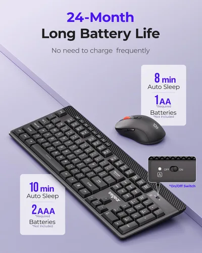 Vista 5 de Combo de teclado y mouse inalámbricos, mouse ajustable de 5 niveles de 4000 DPI, teclado silencioso de tamaño completo de 2.4 G con 8 accesos