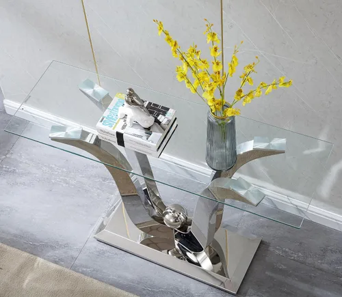 Vista 7 de 1 mesa de consola para sala de estar, mesa de entrada de cristal de lujo, moderna mesa de consola plateada con base de pedestal de acero inoxidable