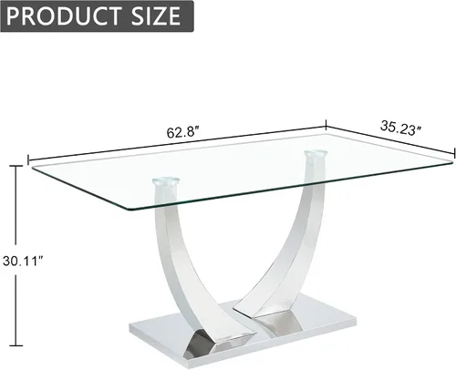 Vista 10 de Mesa de comedor moderna de vidrio de 63 pulgadas para 4-6, mesa de comedor rectangular de vidrio con vidrio templado de 0.39 pulgadas y base