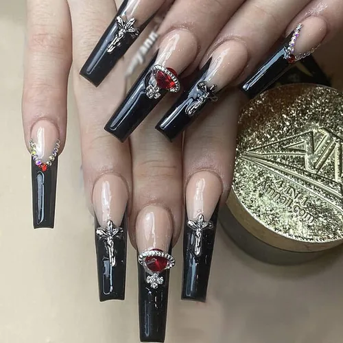 Vista 24 de MISUD Uñas Postizas - Uñas Largas Forma Ataúd con Pegamento en Negro Gótico, Diseño Acrílico Gótico de Rosa 24 piezas