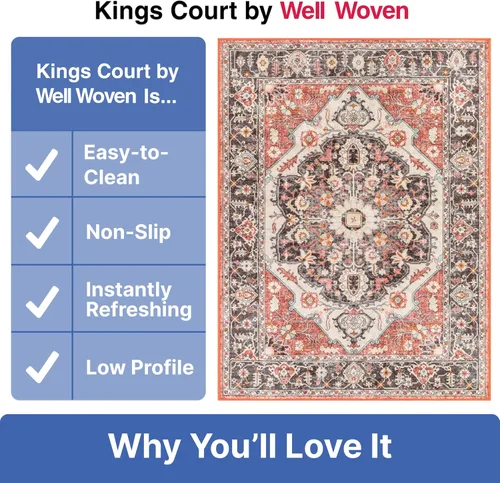 Vista 5 de Well Woven Kings Court Zazzu - Alfombra de área con parte trasera de goma antideslizante con medallón oriental de 5 x 7 pies, apta para niños
