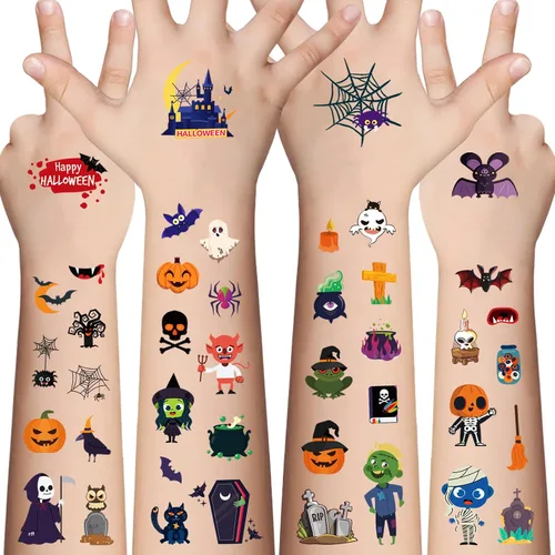 Vista 9 de 10 piezas de 100 tipos de tatuajes temporales luminosos de dibujos animados para niños, esqueletos de azúcar, esqueletos, piedras preciosas, flores