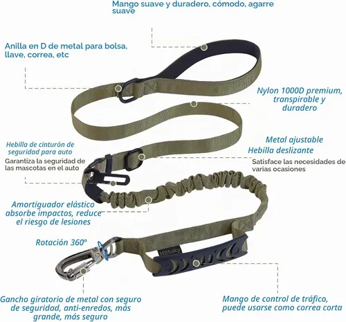 Vista 2 de Hotsky Correa táctica para perro resistente para perros medianos y grandes que tiran, 4-6 pies, resistente correa elástica para perro que absorbe