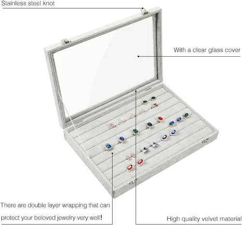Vista 3 de Stylifing Organizador de aretes de anillo con tapa transparente de 7 ranuras, bandeja de joyería, organizador de cajones con cerradura para novia