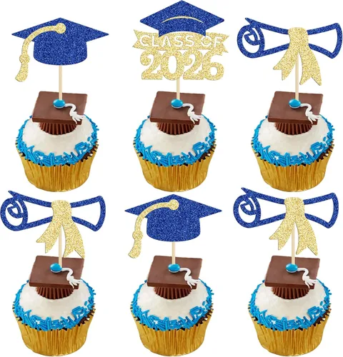 Vista 24 de Gyufise 24 piezas Adornos para pastel de graduación 2026 con purpurina negra, clase de 2026, adornos para magdalenas con gorra de graduación