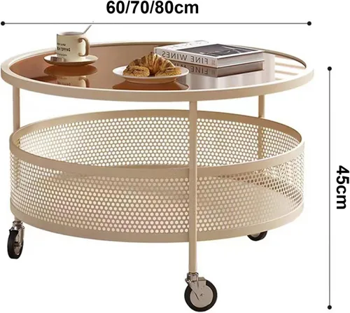 Vista 2 de Mesa de centro de cristal con ruedas giratorias, mesa de té redonda de 2 niveles con cesta de almacenamiento hueca de hierro, moderna mesa central