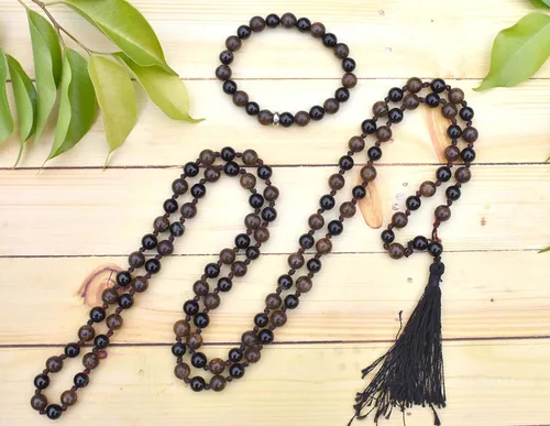 Vista 4 de Healings4u - Pulsera de turmalina negra + bronce anudado Mala y una cuenta, tamaño de la pulsera 0.315 in cristal Reiki curación piedra natural