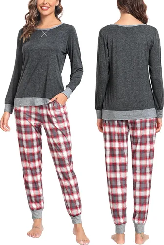 Vista 3 de SWOMOG Conjunto de pijama a juego para hombres, mujeres y niños, para familia, parejas, ropa de dormir de manga larga, pantalones a rayas a cuadros