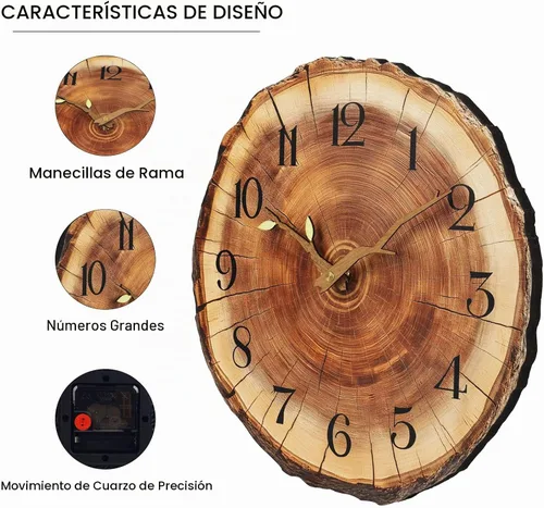 Vista 5 de JoFomp Reloj de pared de madera con anillo anual, funciona con pilas, reloj de pared silencioso de 12 pulgadas sin tictac, reloj de pared rústico
