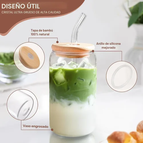Vista 6 de DWTS DANWEITESI Tazas de café helado con tapas, 2 piezas, tazas de vidrio de 16 onzas con tapas y pajitas como accesorios de barra de café, vasos