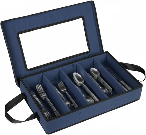 Vista 11 de Caja de almacenamiento para cubiertos - Resistente contenedor de almacenamiento para cubiertos de 5 compartimentos con tapa extraíble y asas fáciles