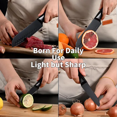 Vista 5 de SHI BA ZI ZUO Juego de cuchillos de cocina de 2 piezas, cuchillo Santoku y cuchillo de pelar, cuchillo de chef japonés con revestimiento de Ti