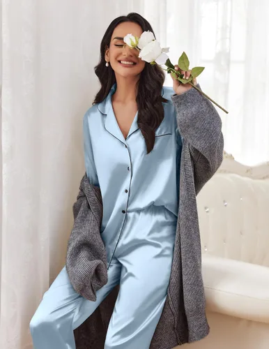 Vista 4 de Ekouaer Conjunto de pijama de satén largo clásico de verano para mujer