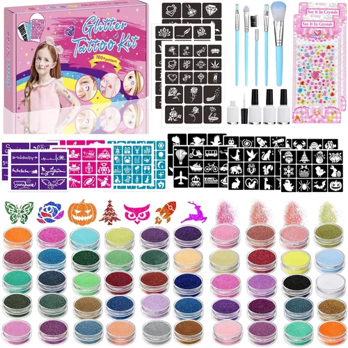 Vista 9 de TEUVO Kit de tatuaje con purpurina para niños con 25 colores, 225 plantillas, 6 bolígrafos, 2 hojas de diamantes de imitación, 5 pinceles, 3