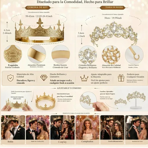 Vista 3 de Sureio Juego de 2 coronas King y Queen, estilo elegante