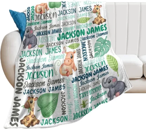 Vista 5 de Artsadd Manta personalizada con nombre, manta personalizada de animales de la selva, manta personalizada de safari para niños, niñas, baby shower