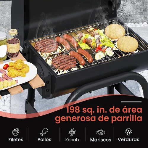 Vista 3 de Happygrill Barrel Charcoal Grill con mesa auxiliar plegable y 2 ruedas