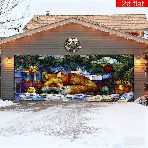 Vista 2 de Cubierta Navideña para Puerta de Garaje, 6 x 13 pies Animales Lindos del Bosque Invernal Zorro, Decoración Navideña para Porche y Patio Exterior