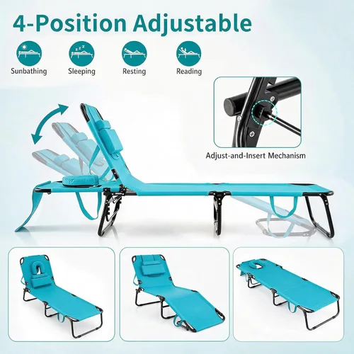 Vista 4 de GYMAX Silla bronceadora, sillas plegables con orificio para la cara y funda, asa de transporte de almohada extraíble, portátil, compacta, diseño al
