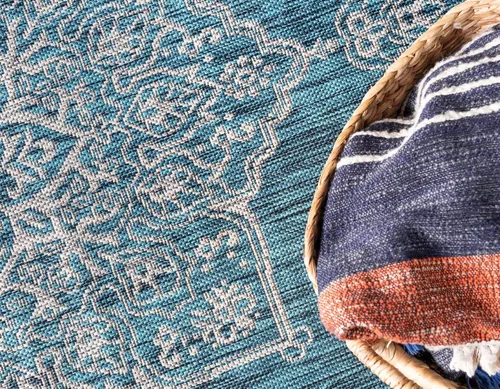 Vista 5 de Unique Loom Alfombra de la colección tradicional para exteriores, antigua (4 pies 1 pulgada, redonda, verde azulado/gris)