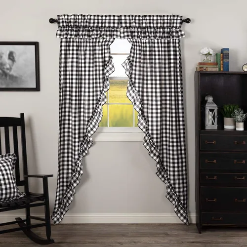 Vista 11 de VHC Brands Annie Buffalo - Cortinas de cocina de algodón a cuadros con bolsillo para barra, cordón de amarre con volantes, par de botes de pradera
