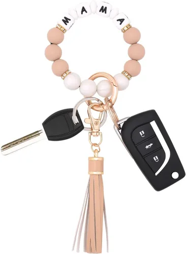 Vista 32 de BAOSIWA Pulsera de cuentas de silicona, llavero de pulsera, cadena para mujer, con borla de cuero Negro