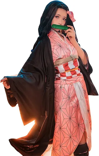 Vista 2 de Rarashik Disfraz de cosplay Kamado Kimono Cosplay bambú con bata negra para mujer niña