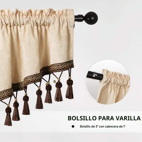 Vista 3 de ELKCA Cortinas de doble cara de felpilla para ventana de cocina, 52x18, bolsillo para barra, cenefa color beige para sala de estar, paquete de 1