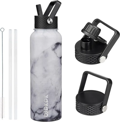 Vista 104 de BJPKPK Botellas de Agua Aisladas con Tapa de Pajita, Botella de Agua de Acero Inoxidable de 18oz, Termo Frío Caliente con 3 Tapas, Vaso de Viaje a