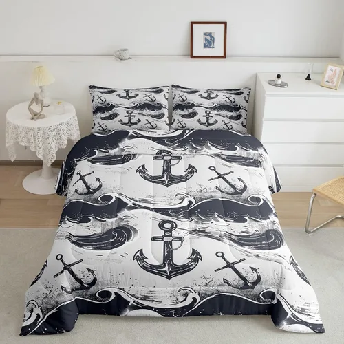 Vista 36 de Erosebridal Juego de edredón de ballena náutica, tamaño individual, juego de ropa de cama vintage azul con ondas oceánicas para niños y niñas