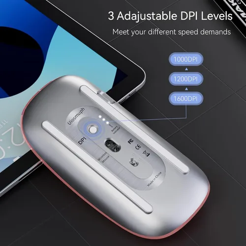 Vista 6 de Uiosmuph Ratón inalámbrico G11, mouse de computadora recargable USB C, ratones silenciosos delgados de 2.4 GHz óptico con receptor USB Nano y Oro