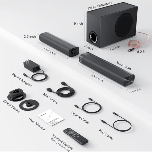 Vista 8 de Barra de sonido con subwoofer, barra de sonido de 110 W con graves profundos ajustables y 3 modos de ecualización, conexión Bluetooth/ARC/Opt/AUX