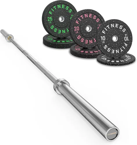 Vista 24 de Olympic Barbell Set, 2-Inch Bumper Plates with Weight Plate Rack Colored Crumb Rubber Weight Plates for Weight Lifting & Strength Training, 90–530