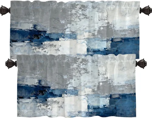 Vista 117 de Shrahala Beige and Orange Abstract Art Brushstrokes Blackout Curtain Tiers, Abstract Oil Paint Kitchen Valance Light Blocking Tier Drapes with Rod