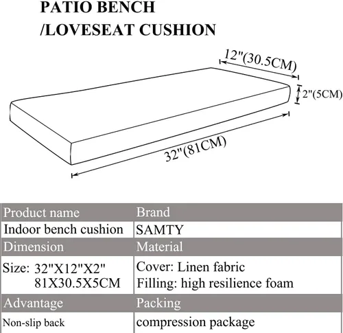 Vista 2 de SAMTY - Cojines de espuma viscoelástica para banco y silla, con respaldo de goma antideslizante, para interiores, para columpio/sofá, 32 x 12